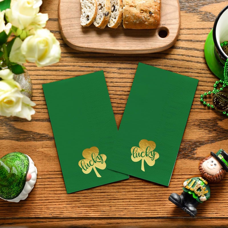 Horaldaily Horaldaily 50 Disposable Paper Decorative Guest Napkins  Green Paper Gold Foil Patrick Shamrock Hand Towel for Party Lunch Dinner Kitchen Bathroom  - Image 1