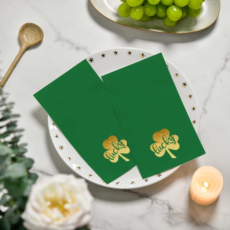 Horaldaily Horaldaily 50 Disposable Paper Decorative Guest Napkins  Green Paper Gold Foil Patrick Shamrock Hand Towel for Party Lunch Dinner Kitchen Bathroom  - Image 3