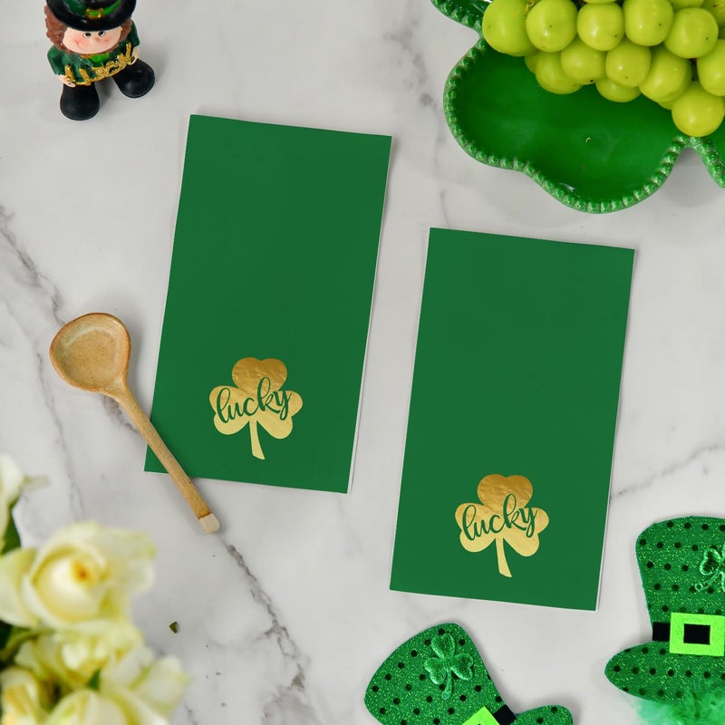 Horaldaily Horaldaily 50 Disposable Paper Decorative Guest Napkins  Green Paper Gold Foil Patrick Shamrock Hand Towel for Party Lunch Dinner Kitchen Bathroom  - Image 2