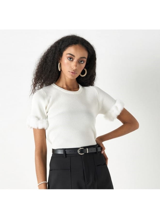 2Xtremz - 2Xtremz Solid T-Shirt with Faux Fur Detail - Image 1