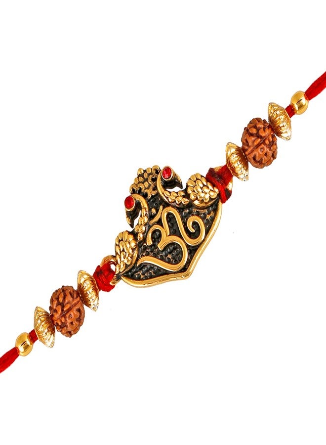 Mahi Rakhi for Brother Gold Plated Divine Om Rudraksh Single Rakhi for Bhai, Bhaiya, Brother (RA1100597G) - Image 1