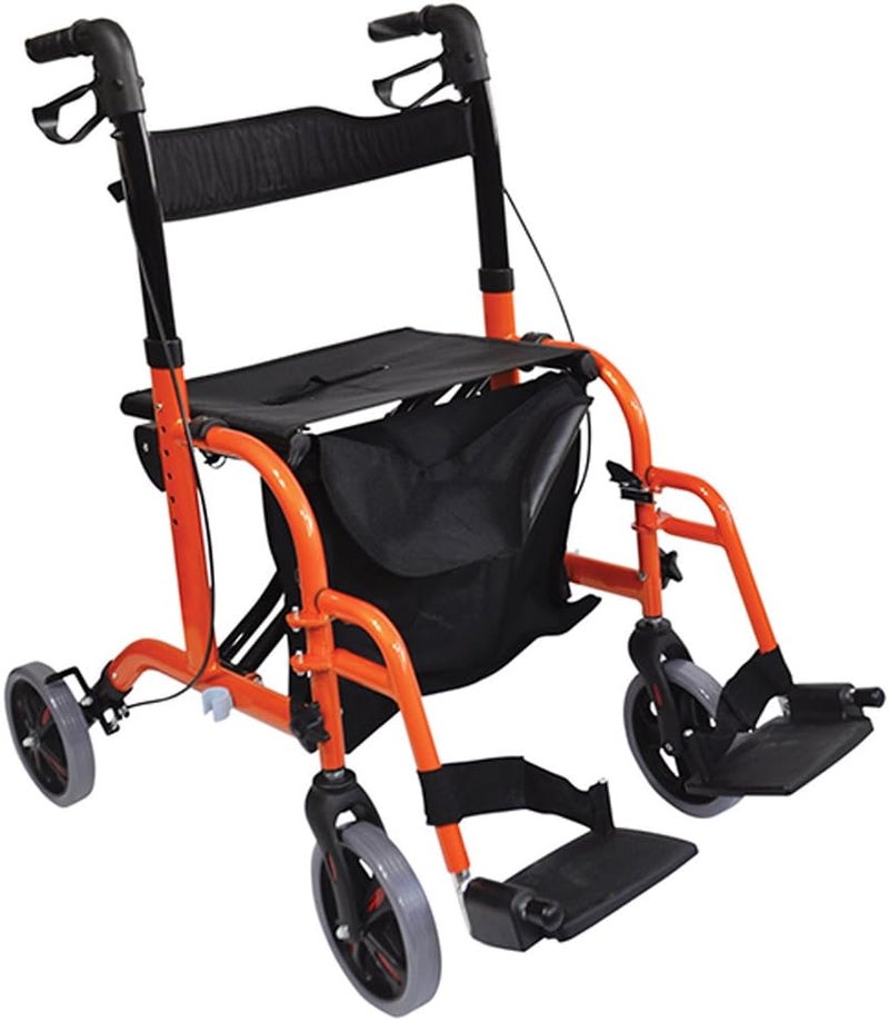 Aidapt Duo Deluxe Orange Folding Light Weight 4 Wheeled Rollator Transit Chair Mobility Aid with Seat Foot Plates Carry Bag Lockable Brakes and Puncture Proof Tyres for Indoor and Outdoor use - Image 1