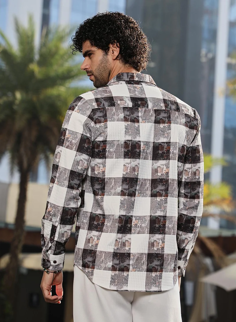 كامبوس سوترا Men's Coffee Brown & Ivory White Blob-Buffalo Check Shirt