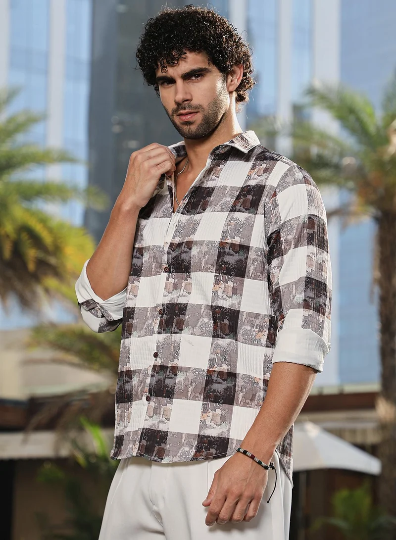 كامبوس سوترا Men's Coffee Brown & Ivory White Blob-Buffalo Check Shirt