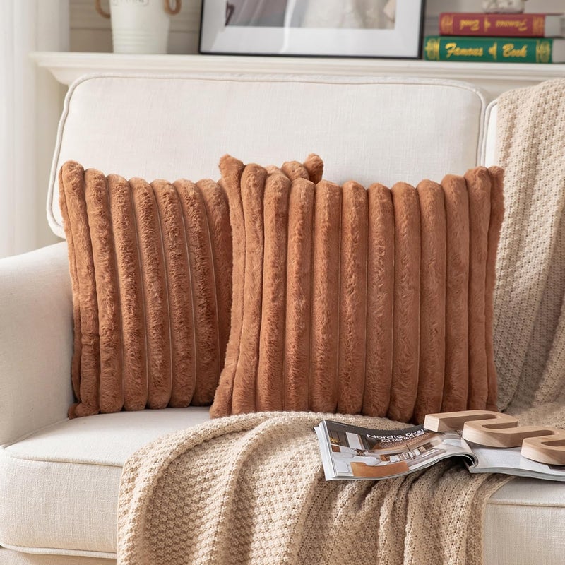 DEELAND Pack of 2 Double-Sided Faux Fur Plush Decorative Throw Pillow Covers Fuzzy Striped Soft Pillowcase Cushion Covers for Sofa Couch Bedroom Brown 20x20 inch