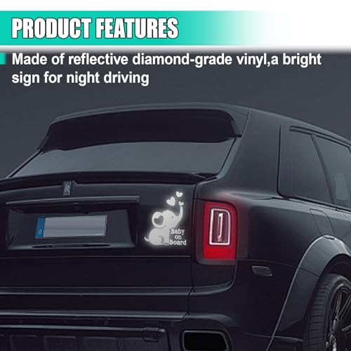 UHANBUT Baby on Board Elephant Car Sticker Decal, Cute Reflective Vinyl Auto Safety Warning Signs Decals Decoration, Waterproof Cars Stickers Accessories for Bumper Laptop Wall (Silver) - Image 3