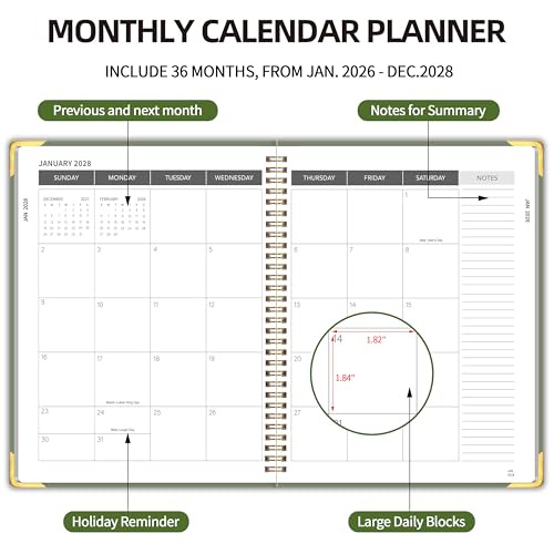 Kamoy 2026-2028 Monthly Planner - 3 Year Monthly Planner 2026-2028, Jan. 2026 - Dec. 2028, 8.5" x 11", 36 Months Calendar Planner with Spiral Bound, Notes Pages, Perfect for School & Office for Women & Men - Green - Image 3