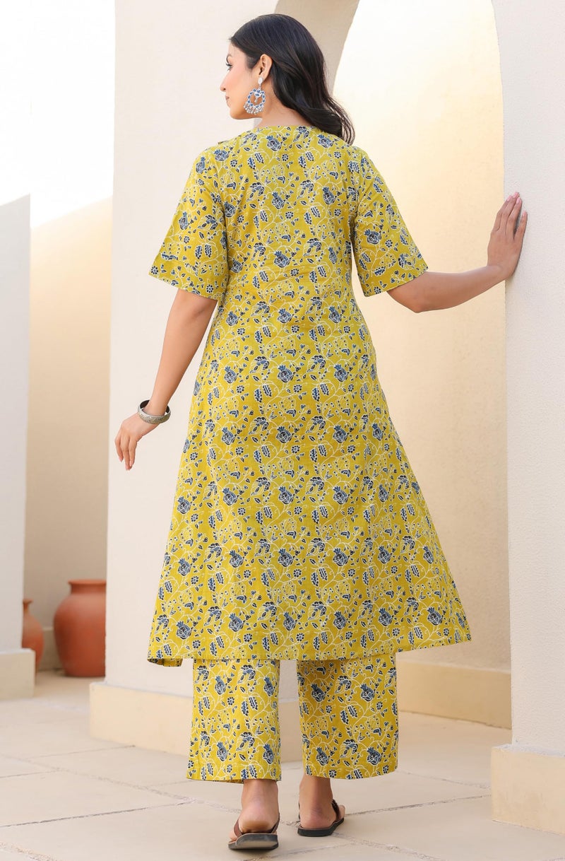 Janasya Women's Lime Yellow Pure Cotton Floral Printed A-line Maternity Kurta Pant Set (MAC24CD01095-S) - Image 4