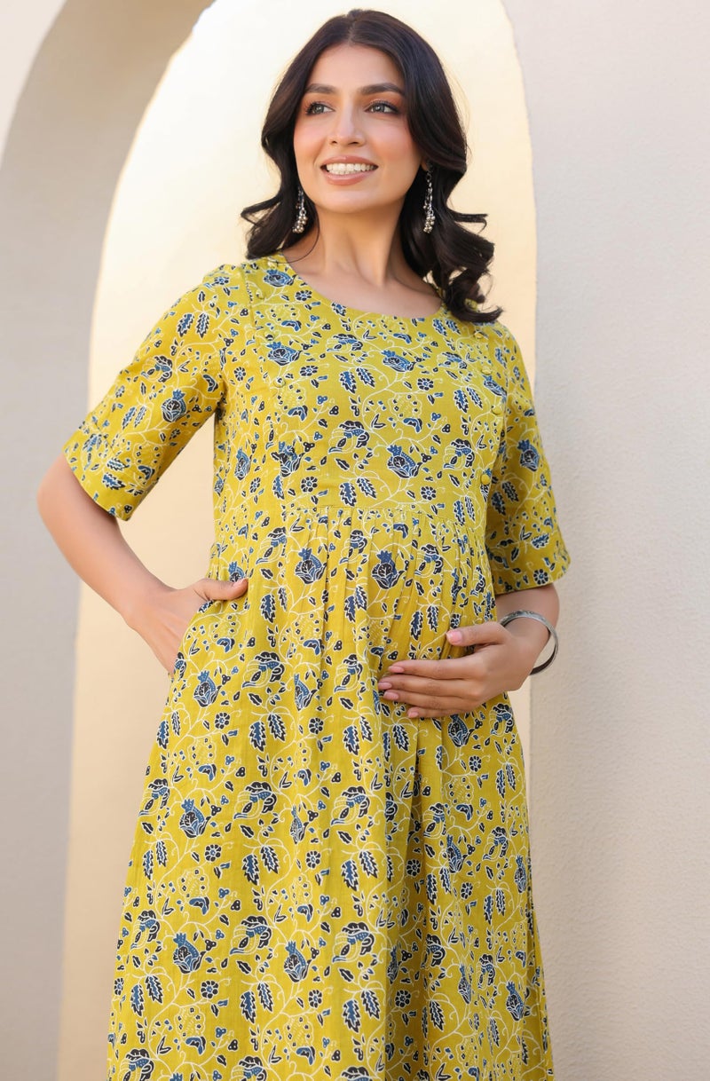 Janasya Women's Lime Yellow Pure Cotton Floral Printed A-line Maternity Kurta Pant Set (MAC24CD01095-S) - Image 5