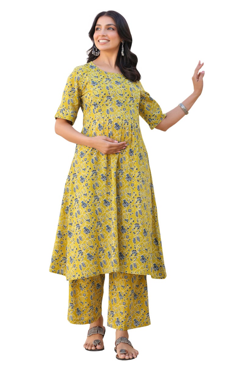 Janasya Women's Lime Yellow Pure Cotton Floral Printed A-line Maternity Kurta Pant Set (MAC24CD01095-S) - Image 1