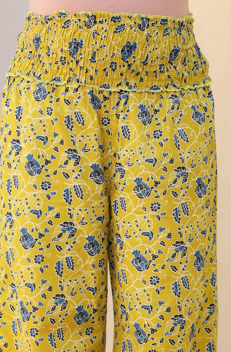 Janasya Women's Lime Yellow Pure Cotton Floral Printed A-line Maternity Kurta Pant Set (MAC24CD01095-S) - Image 3