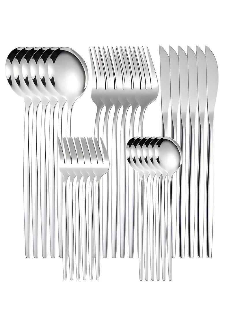 30-Piece Stainless Steel Knife Fork Spoon Full Set Silver for Home Office Restaurant Hotel Silver - Image 1