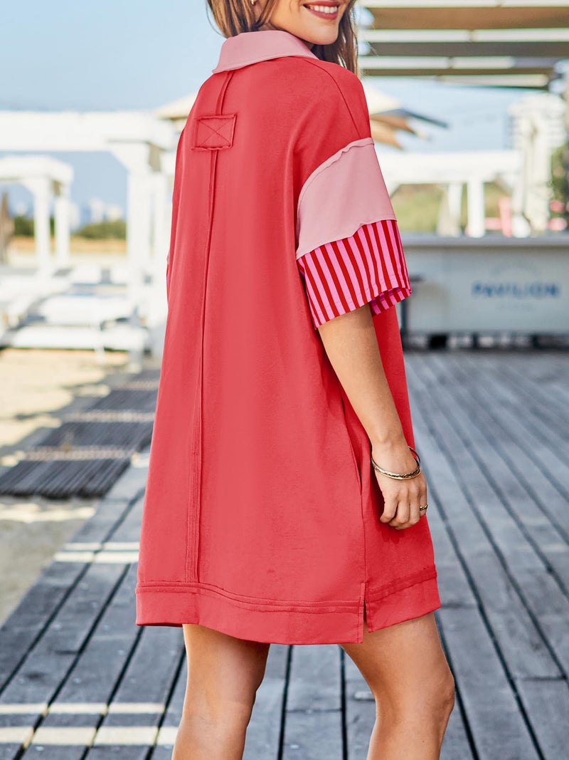 Wenrine Women's Polo V Neck T Shirt Dress Casual Summer Oversized Color Block Short Sleeve Sweatshirt Mini Dresses Red - Image 4