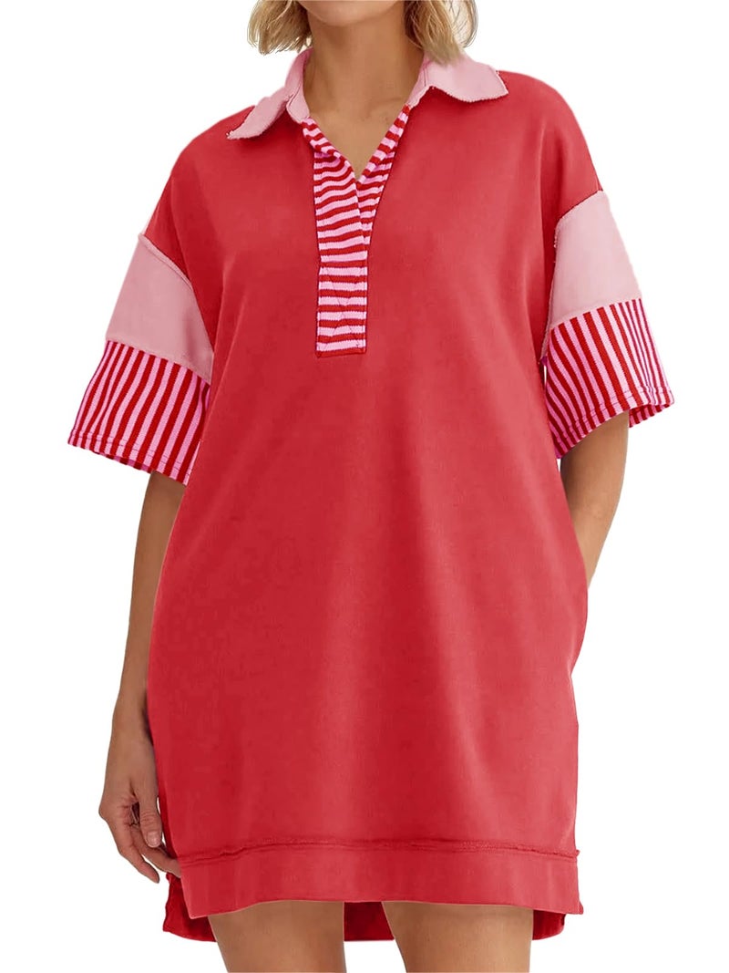 Wenrine Women's Polo V Neck T Shirt Dress Casual Summer Oversized Color Block Short Sleeve Sweatshirt Mini Dresses Red - Image 1