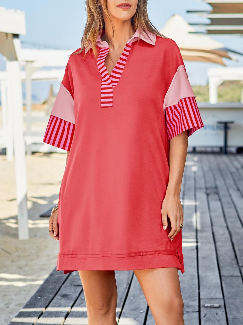 Wenrine Women's Polo V Neck T Shirt Dress Casual Summer Oversized Color Block Short Sleeve Sweatshirt Mini Dresses Red - Image 2