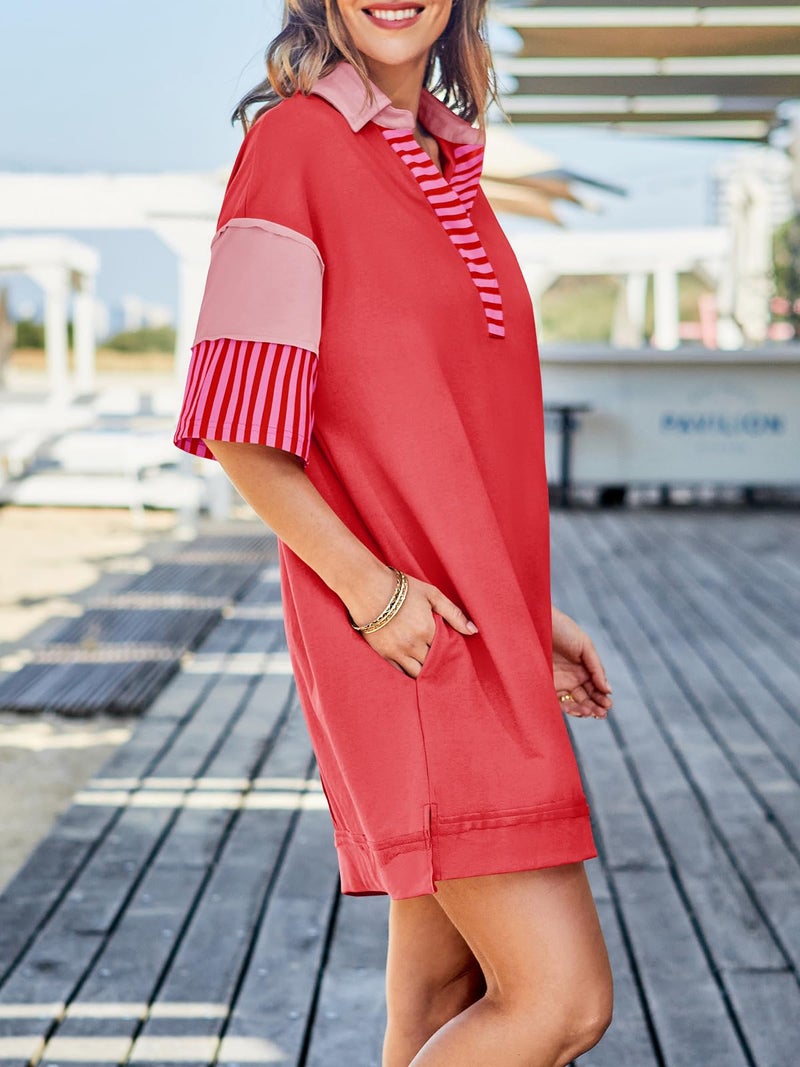 Wenrine Women's Polo V Neck T Shirt Dress Casual Summer Oversized Color Block Short Sleeve Sweatshirt Mini Dresses Red - Image 3