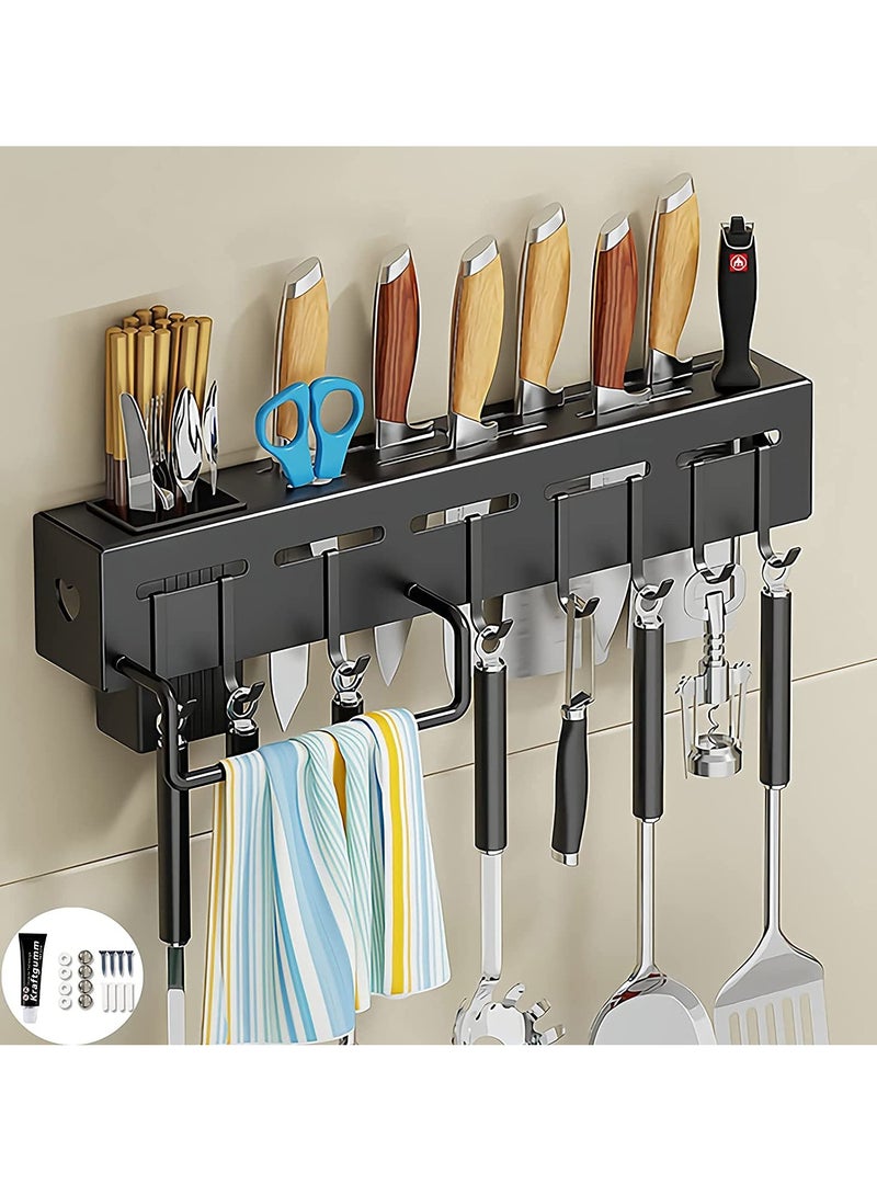 wolpin Kitchen Shelf Stainless Steel Floating Shelves Wall Mount Knife Holder|Towel Hanger|Spatula Ladle Hanging Hooks|Cutlery Holder Storage Rack High Grade Metal Multi-Purpose (40 X 5.5 X 7.4 Cm) - Image 1