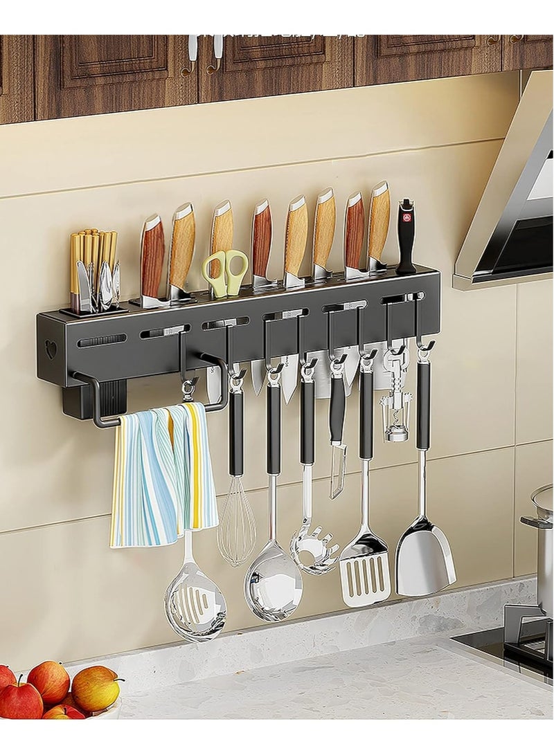 wolpin Kitchen Shelf Stainless Steel Floating Shelves Wall Mount Knife Holder|Towel Hanger|Spatula Ladle Hanging Hooks|Cutlery Holder Storage Rack High Grade Metal Multi-Purpose (40 X 5.5 X 7.4 Cm) - Image 2