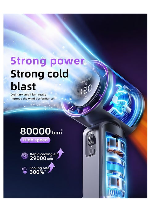 Portable Handheld Fan , Turbo Power High Speed Air [20H Max Cooling Time], LED Display,120 Gear Wind, 3600mAh Rechargeable, Mini Pocket Design, Personal Fan for Travel Concerts Cruise Makeup-Gray