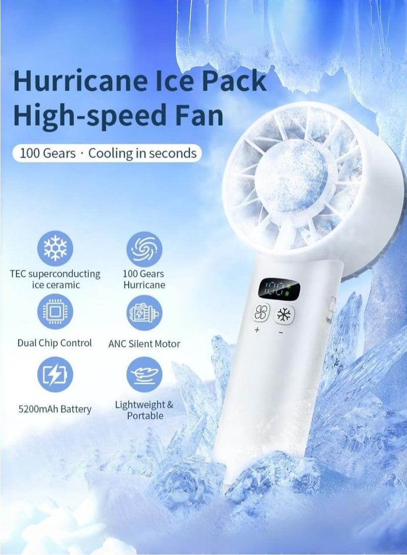 مروحة يدوية محمولة مع وضع تبريد بالثلج، مروحة قابلة لإعادة الشحن بسعة 5200 مللي أمبير، سرعة رياح قابلة للتعديل بـ 100 مستوى، محرك توربو هادئ، شاشة LED للاستخدام الداخلي والخارجي (أبيض). - Image 1