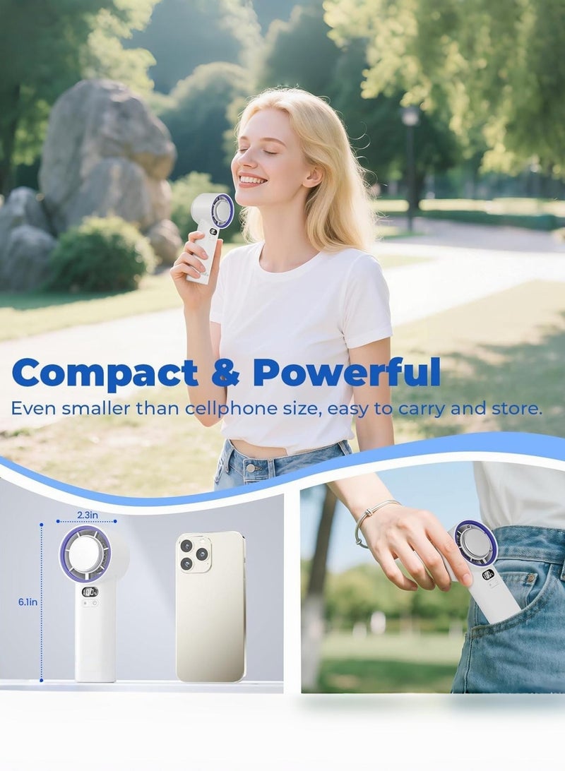 مروحة يدوية محمولة مع وضع تبريد بالثلج، مروحة قابلة لإعادة الشحن بسعة 5200 مللي أمبير، سرعة رياح قابلة للتعديل بـ 100 مستوى، محرك توربو هادئ، شاشة LED للاستخدام الداخلي والخارجي (أبيض). - Image 5