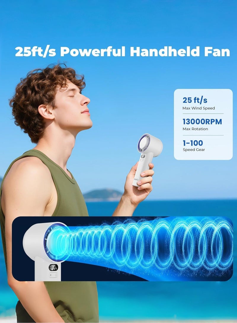مروحة يدوية محمولة مع وضع تبريد بالثلج، مروحة قابلة لإعادة الشحن بسعة 5200 مللي أمبير، سرعة رياح قابلة للتعديل بـ 100 مستوى، محرك توربو هادئ، شاشة LED للاستخدام الداخلي والخارجي (أبيض). - Image 2