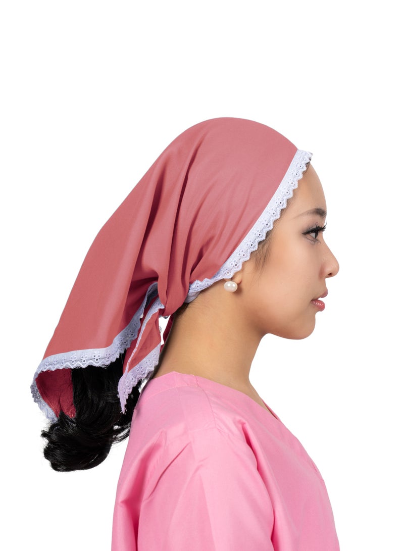 وشاح مربع أنيق، حواف دانتيل بيضاء، قماش ناعم وخفيف الوزن، غطاء رأس/مربية أطفال/مربية أطفال، قطن، مقاس واحد