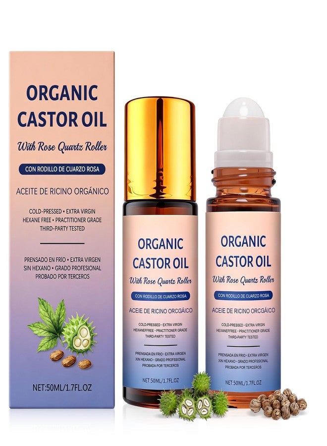 Organic Castor Oil Roll On: 100% Cold Pressed Moisturizing Oil with Rose Quartz Roller for Face and Body, Hair, Moisturize Skin, Travel Friendly (2pcs) - Image 1