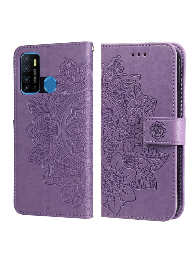 اس-توب جراب جلدي من البولي يوريثان بتصميم نقش زهور 7 بتلات مع حامل وفتحات للبطاقات ومحفظة وإطار صورة لهاتف Infinix Hot 9 / Note 7 Lite / X655C - Image 1