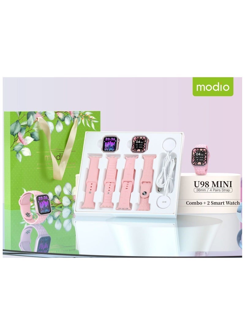 Modio U98 MINI 36mm Smartwatch Combo for Ladies and Girls, 4 Pair Straps, Wireless Charger, Touch Screen, Fitness Tracking, Call & App Alerts, Lightweight Design – Pink - Image 1