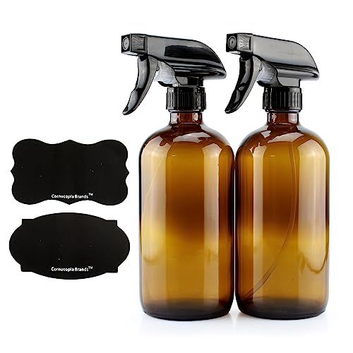 Cornucopia Brands 16oz Amber Glass Spray Bottles w/Reusable Chalk Labels (2 Pack), Heavy Duty Mist & Stream 3-Setting Sprayer; Great for Essential Oils - Image 1