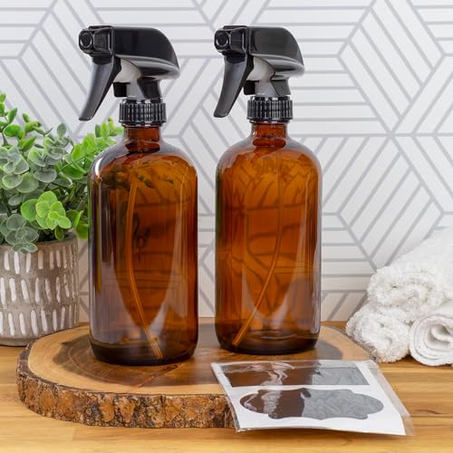 Cornucopia Brands 16oz Amber Glass Spray Bottles w/Reusable Chalk Labels (2 Pack), Heavy Duty Mist & Stream 3-Setting Sprayer; Great for Essential Oils - Image 2