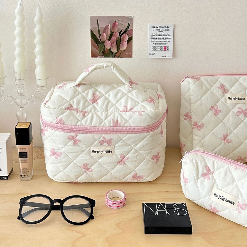 Korean Style Simple Bow Makeup Bag Large Capacity Portable Travel Wash Bag Cosmetic Storage Bag For Girls - Image 4