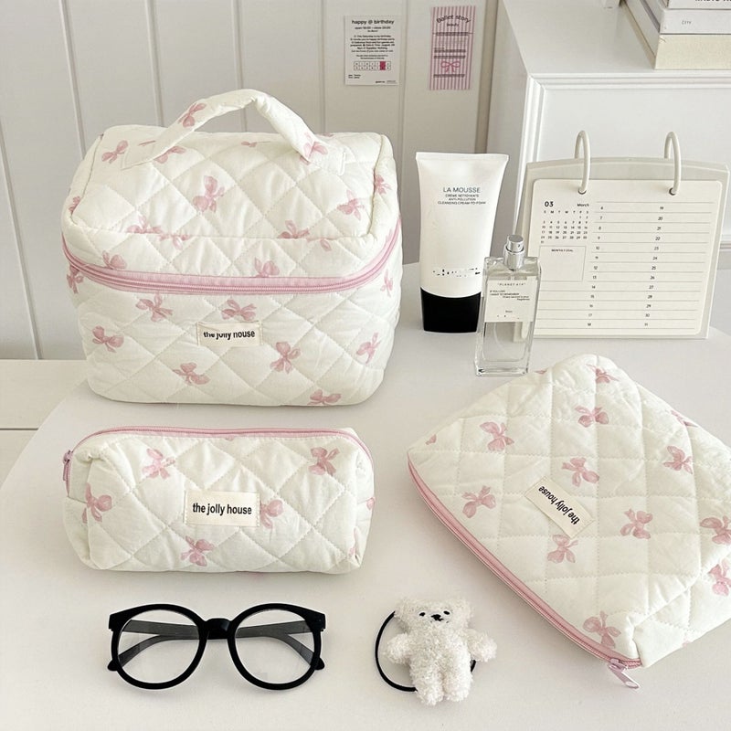 Korean Style Simple Bow Makeup Bag Large Capacity Portable Travel Wash Bag Cosmetic Storage Bag For Girls - Image 2
