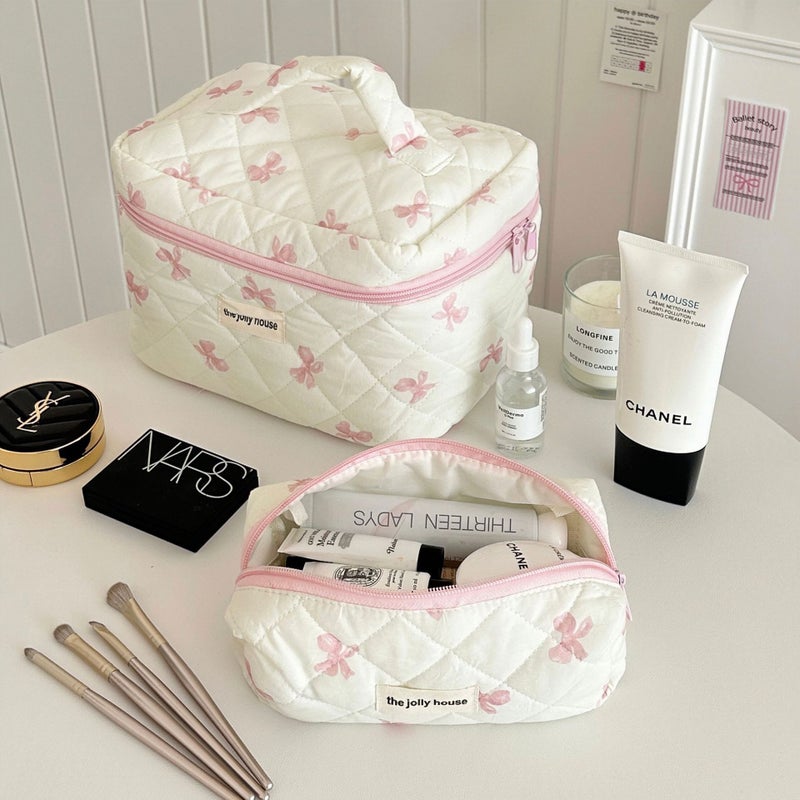 Korean Style Simple Bow Makeup Bag Large Capacity Portable Travel Wash Bag Cosmetic Storage Bag For Girls - Image 3
