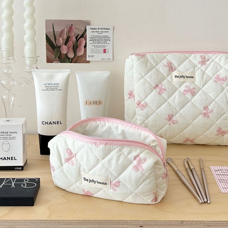 Korean Style Simple Bow Makeup Bag Large Capacity Portable Travel Wash Bag Cosmetic Storage Bag For Girls - Image 5