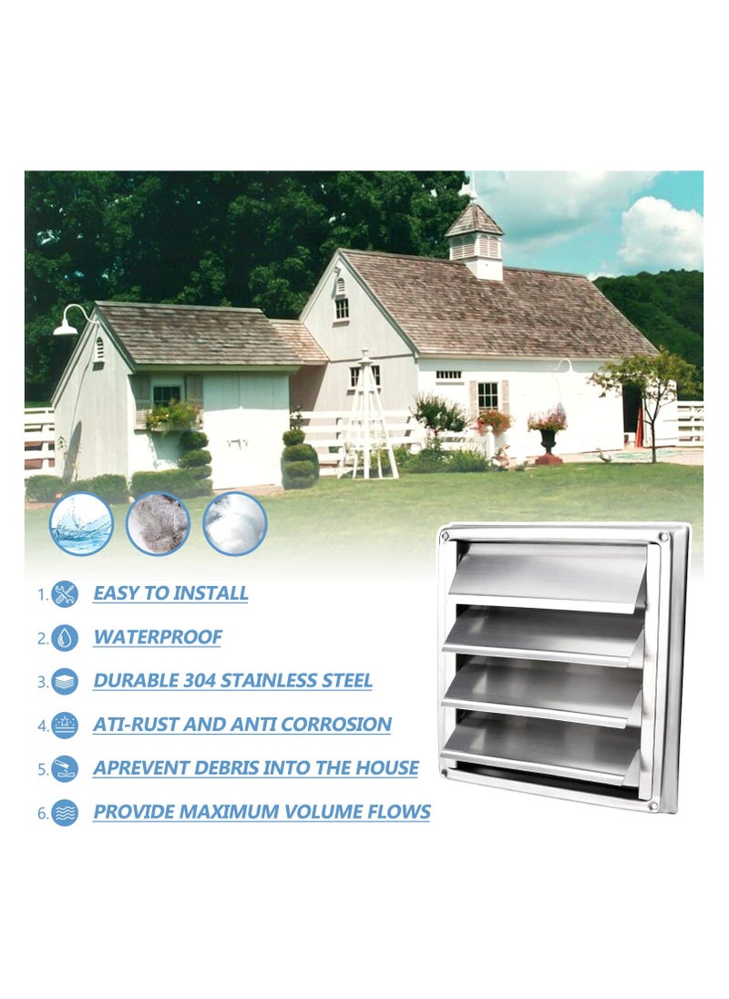 SYOSI - 6'' Stainless Steel Dryer Vent Cover with Moving lamella and Screen, 6'' Square Stainless Steel Exterior Wall Outlet Includes 4 Screws for Easy Installation - Image 1