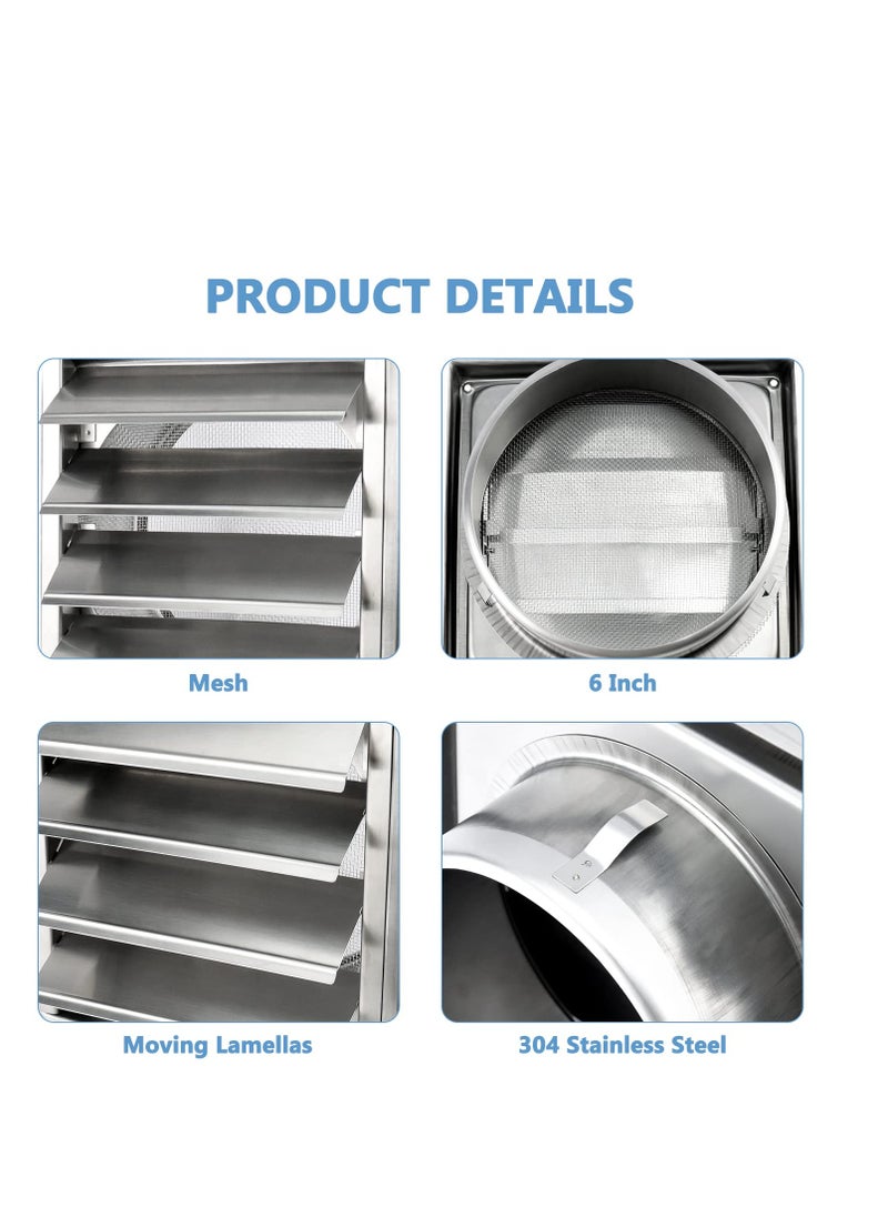 SYOSI - 6'' Stainless Steel Dryer Vent Cover with Moving lamella and Screen, 6'' Square Stainless Steel Exterior Wall Outlet Includes 4 Screws for Easy Installation - Image 1