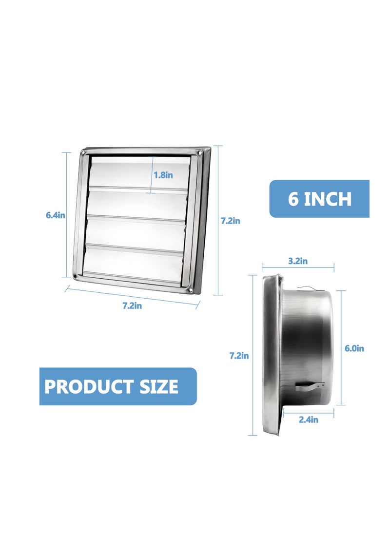 SYOSI - 6'' Stainless Steel Dryer Vent Cover with Moving lamella and Screen, 6'' Square Stainless Steel Exterior Wall Outlet Includes 4 Screws for Easy Installation - Image 1