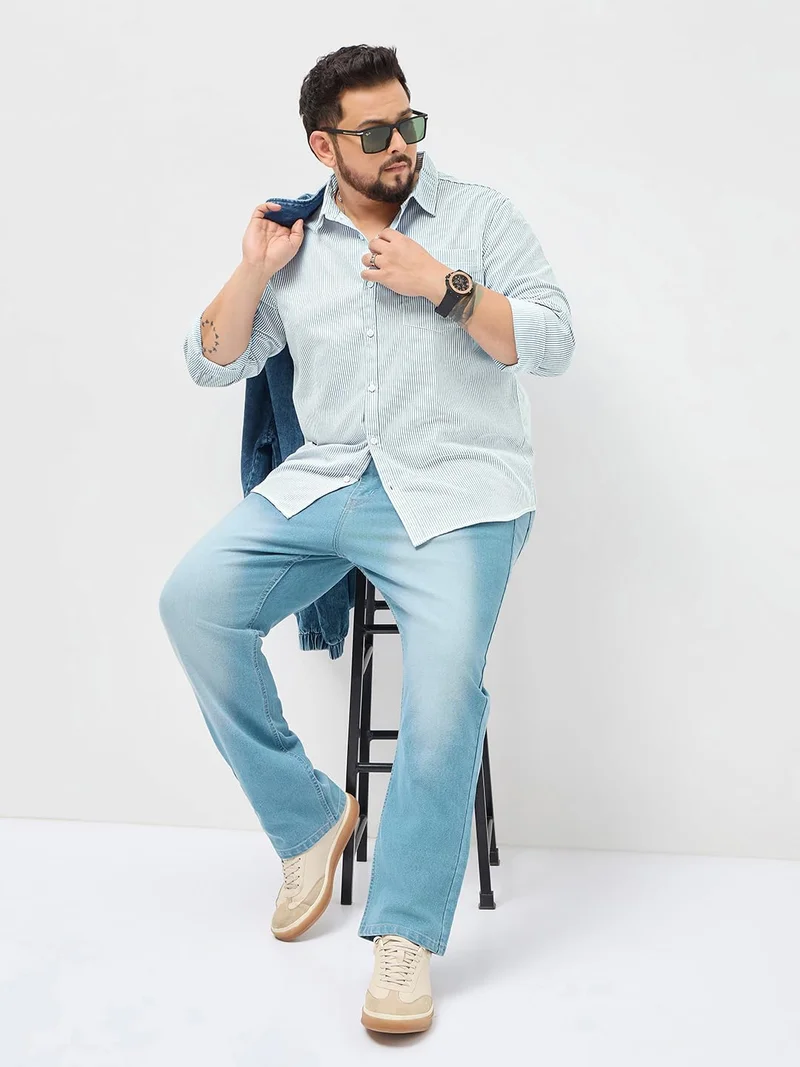 Urbano Fashion  Urbano Plus Men's Light Blue Cotton Full Sleeve Regular Fit Casual Striped Shirt  | Best Price UAE