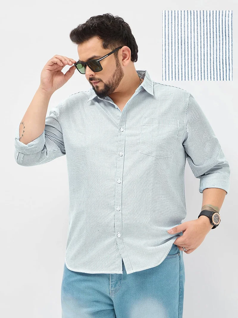 Urbano Fashion  Urbano Plus Men's Light Blue Cotton Full Sleeve Regular Fit Casual Striped Shirt  | Best Price UAE