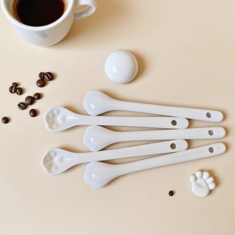 Voeveca White Long Handle Porcelain Spoons Coffee, Tea, Yogurt and Ice-cream, Cutlery Fitting Paw Ceramic Spoons 5.7 Inch Set of 10 (10, Paw-5.7 inch) - Image 2