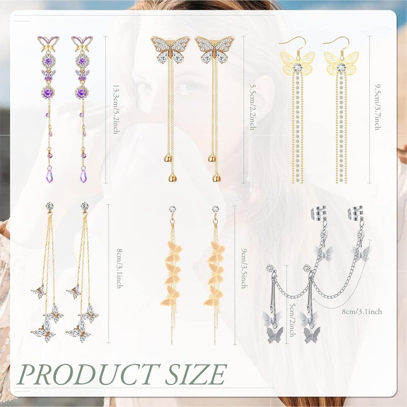 Excefore Tassel Chain Earrings, Butterfly Cuff Tassel Chain Earrings, Butterfly Stud Drop Dangle Earrings, Long Crystal Butterfly Earrings, Purple Butterfly Long Tassel Earrings 6 Pairs - Image 2