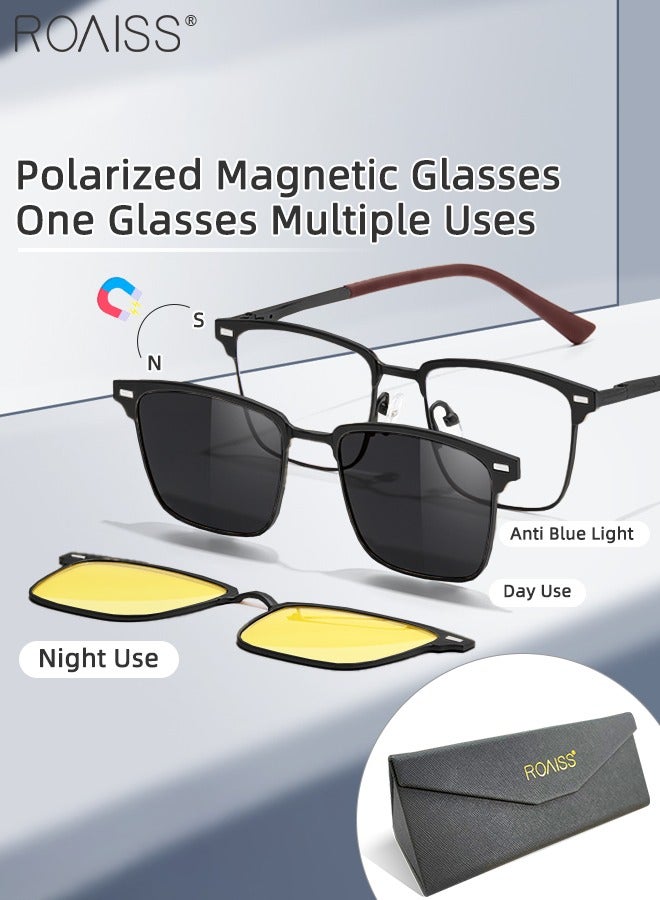 رويس مجموعة نظارات شمسية 3 في 1 مستقطبة مغناطيسية قابلة للتثبيت، نظارات حجب الضوء الأزرق مع عدسة مستقطبة مغناطيسية وعدسة رؤية ليلية مغناطيسية، نظارات متعددة الاستخدامات للاستخدام ليلاً ونهارًا للرجال - Image 1