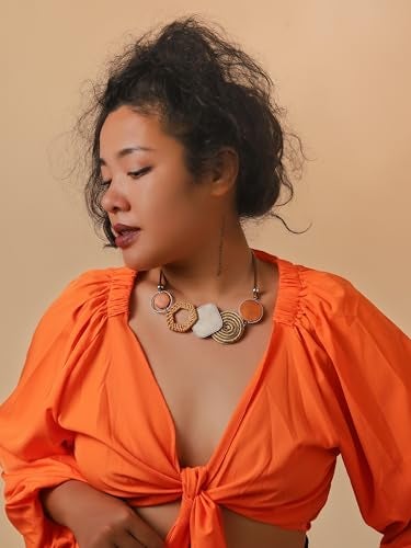 MINACHI Boho MixedMaterial Statement Necklace Rattan Straw Spiral Brushed Metal Discs on Cord 1617 Inch Bohemian Vintage Earth Tone - Image 3