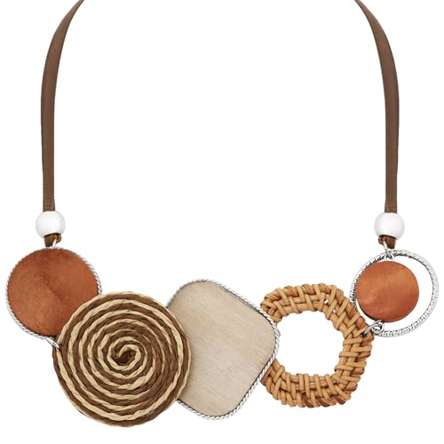 MINACHI Boho MixedMaterial Statement Necklace Rattan Straw Spiral Brushed Metal Discs on Cord 1617 Inch Bohemian Vintage Earth Tone - Image 1