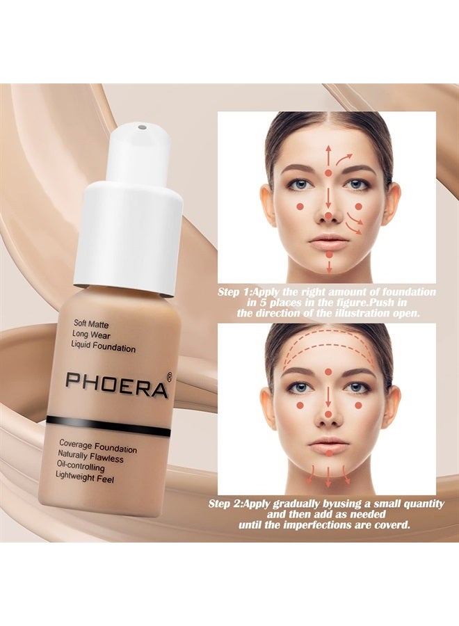 Phoera فوندشن مكياج PHOERA سائل طبيعي تغطية كاملة ماتل للتحكم في الزيت خافي عيوب 8 ألوان اختيارية، خيار رائع كهدية (2 قطعة، #104 بيج فاتح) - Image 1