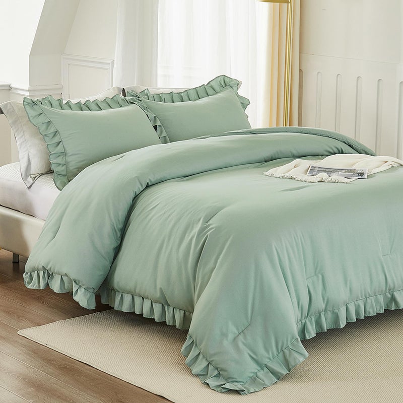 Andency SEGE Sage Green California King Comforter مجموعة 3 قطع Farmhouse متهالك Chic Cal King Size Size Size Sed Sed - Image 1