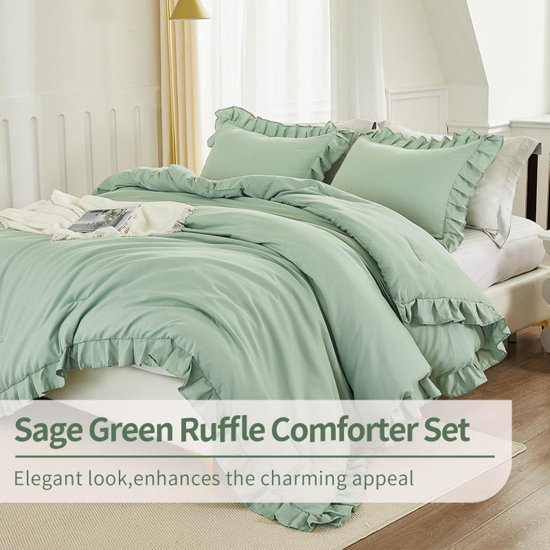 Andency SEGE Sage Green California King Comforter مجموعة 3 قطع Farmhouse متهالك Chic Cal King Size Size Size Sed Sed - Image 2