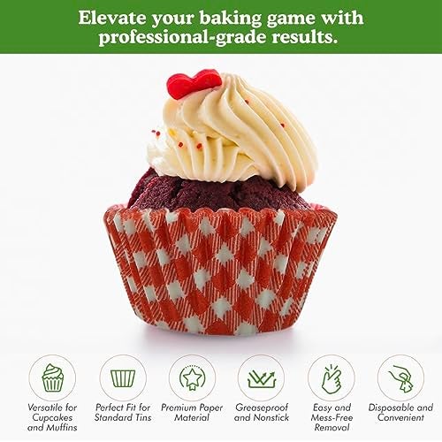 Regency Wraps Greaseproof Professional Grade Baking Cups, Pack of 40, Standard Liners, Red Gingham, for Cupcakes, Muffins, Candy, Non Stick - Image 2